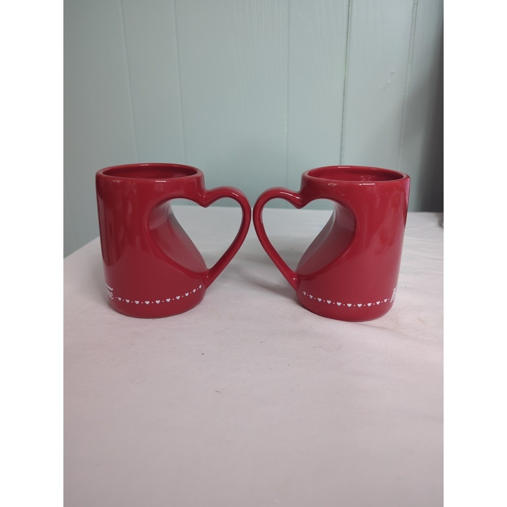 2 lot Krispy Kreme doughnuts red Heart handle Couples pair Valentines coffee Mug